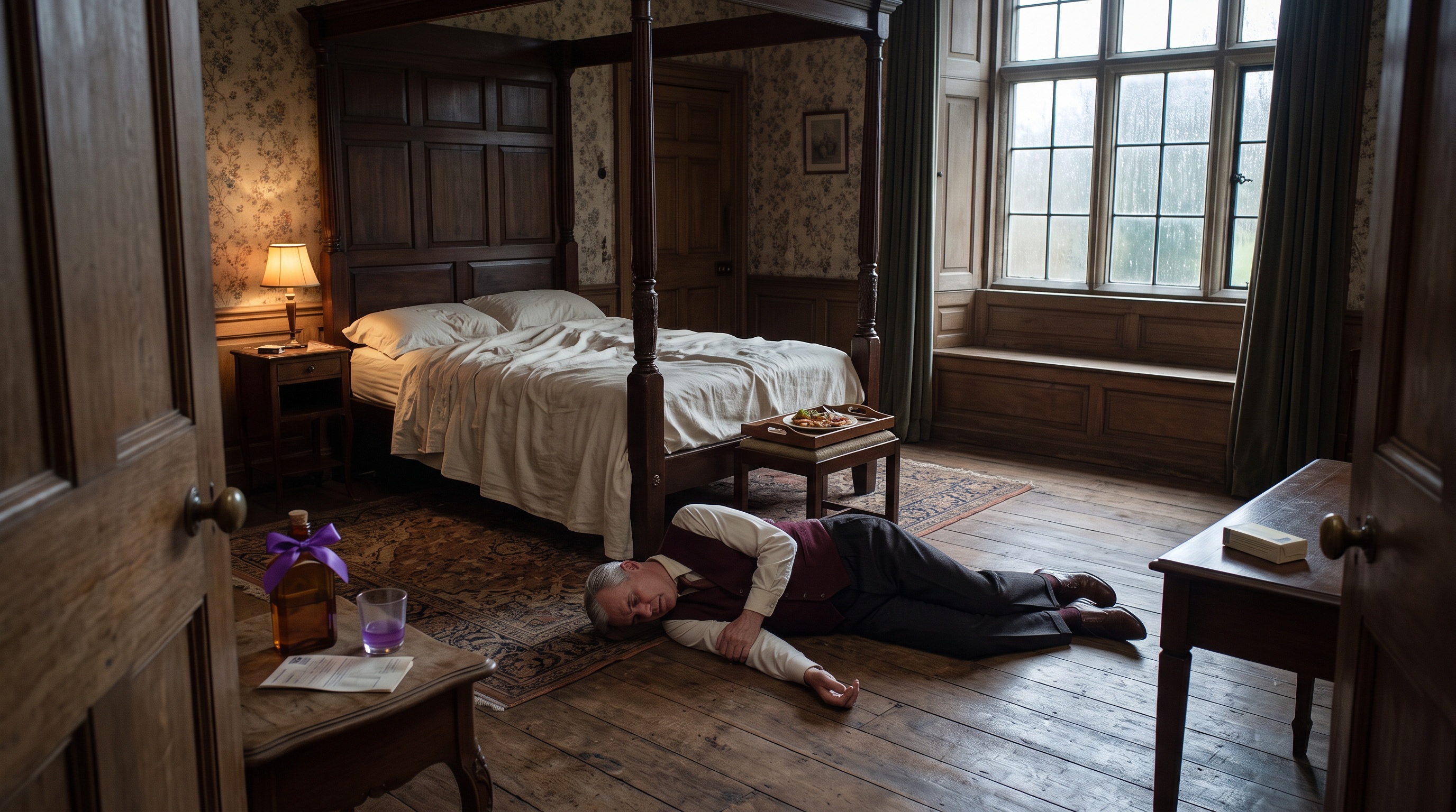 Arthur lies on the bedroom floor beside the empty bed. A drink stands on the bedside table, with medicine on a writing table and unfinished supper on a tray.