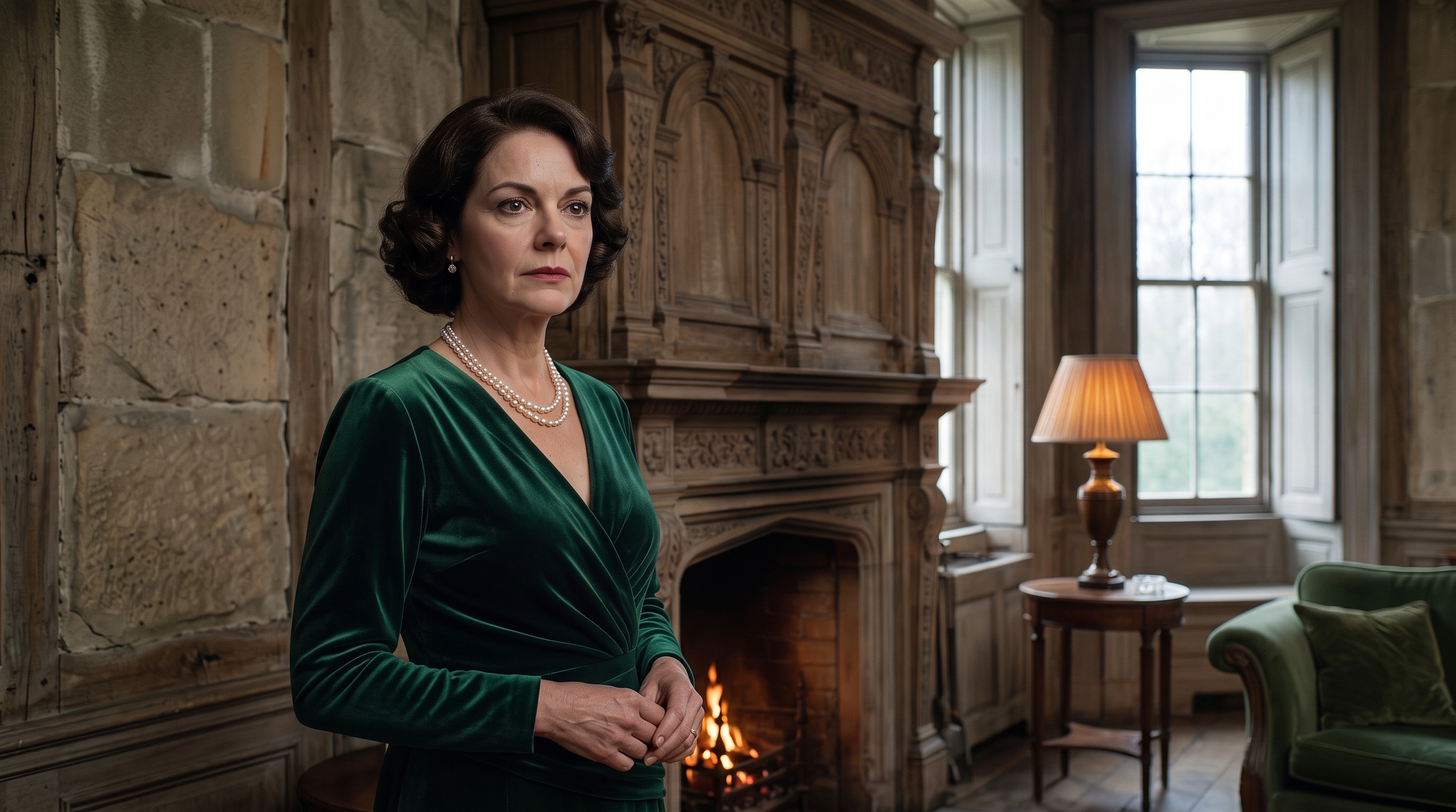 Evelyn beside the living-room fireplace.