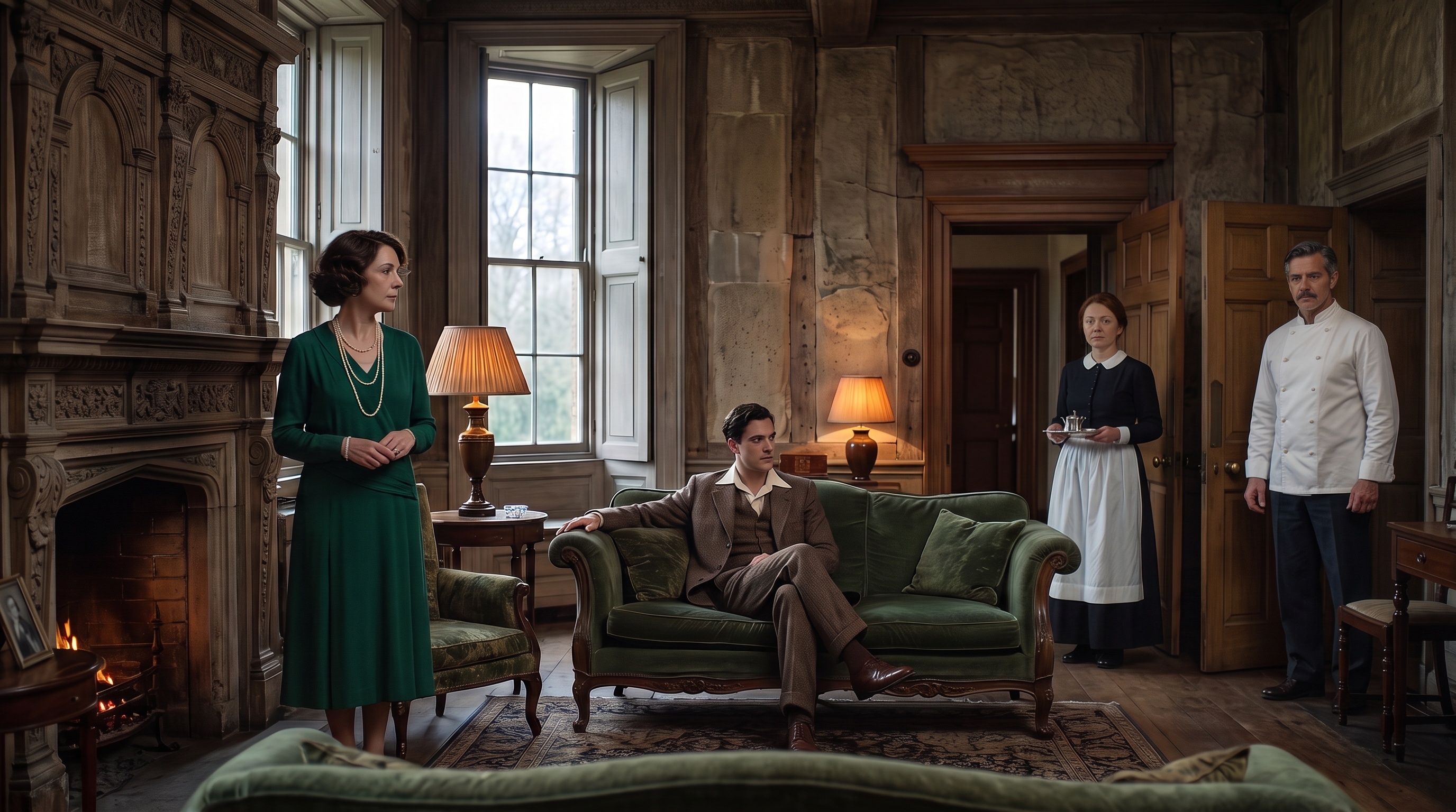 All four suspects gather in the same living room.
