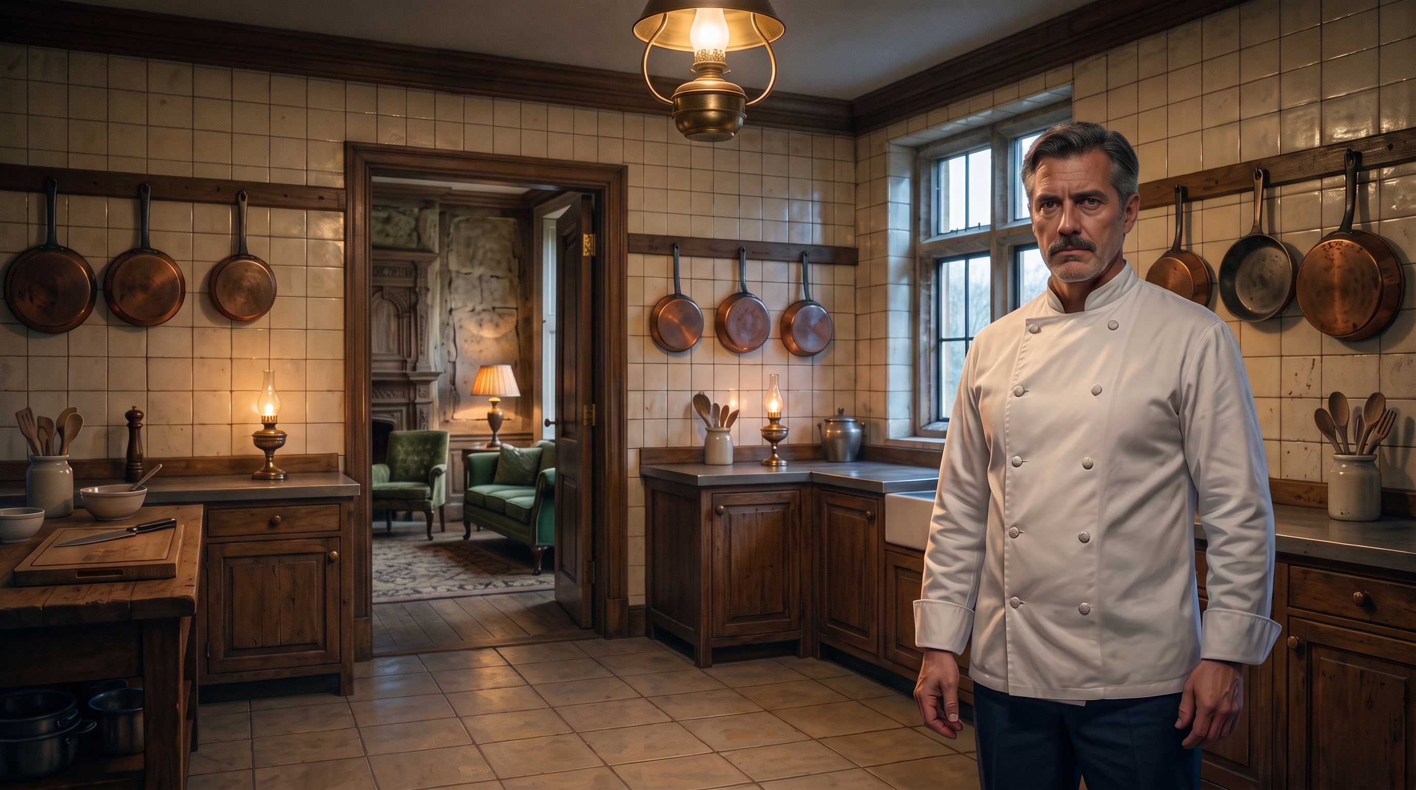 The chef waits alone among the copper pans and wooden counters.