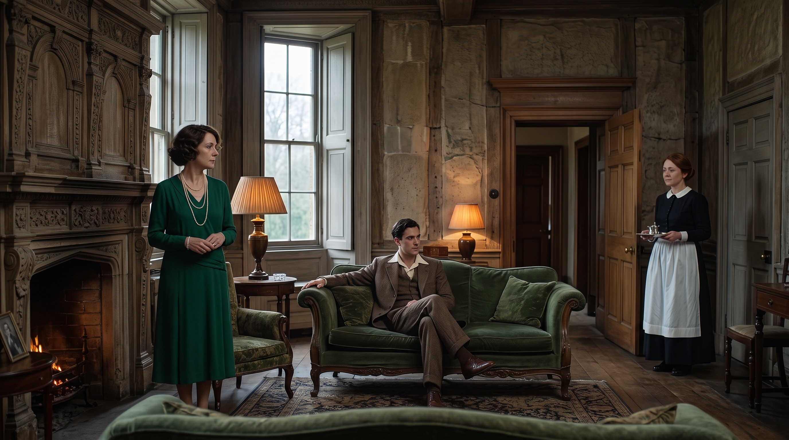 The widow beside the fireplace, the son on a green sofa, and the maid beside the bedroom doorway.