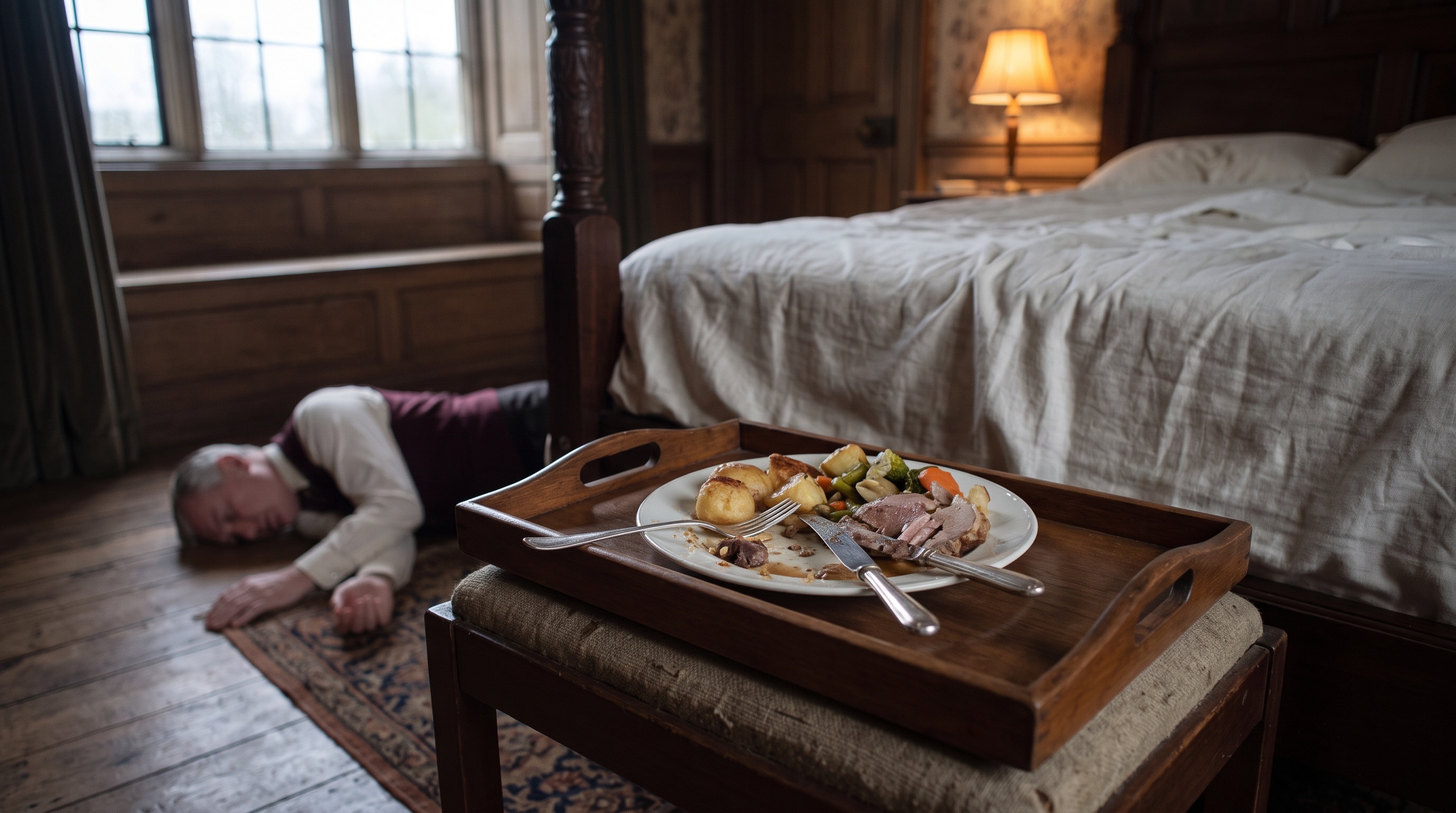 Arthur’s unfinished supper on a wooden tray.