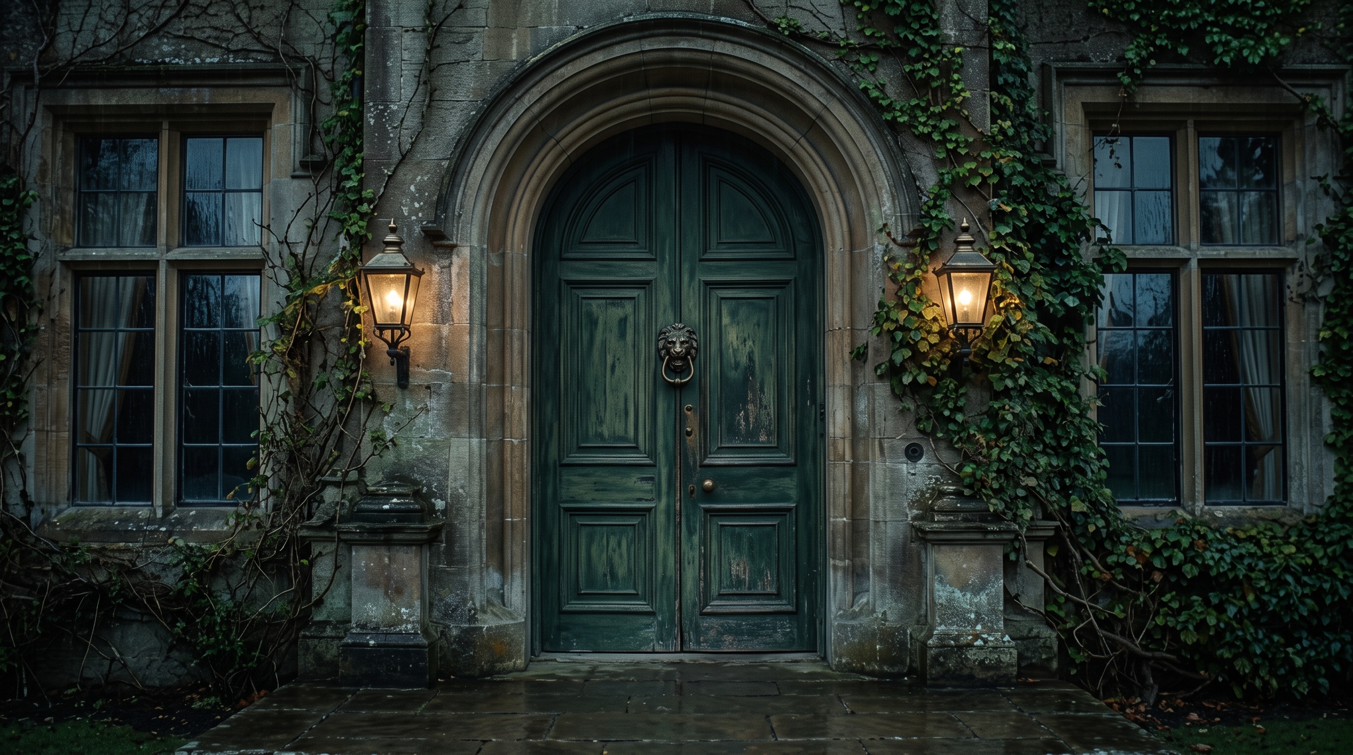 A brass knocker on the green door of a rain-soaked manor.