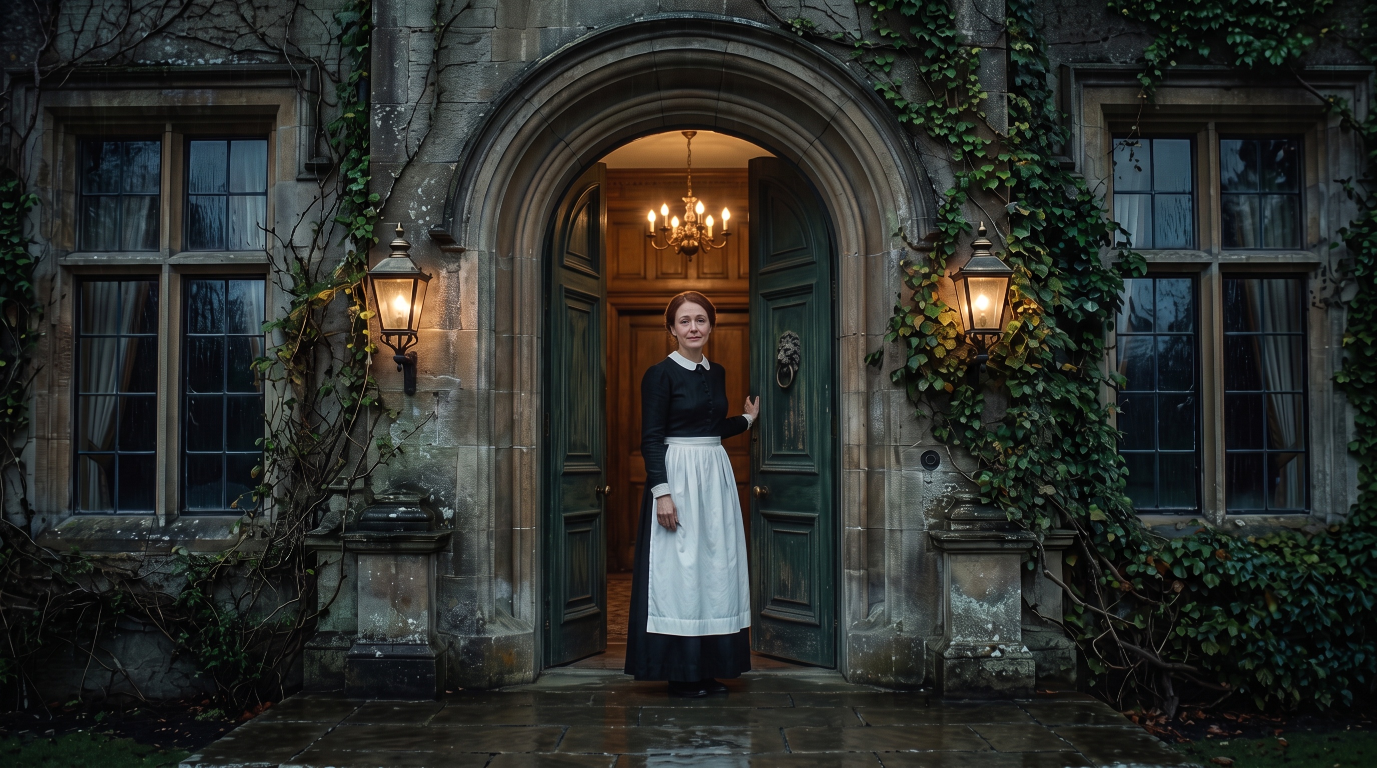 Clara, the kind maid, welcomes the detective at the open door.